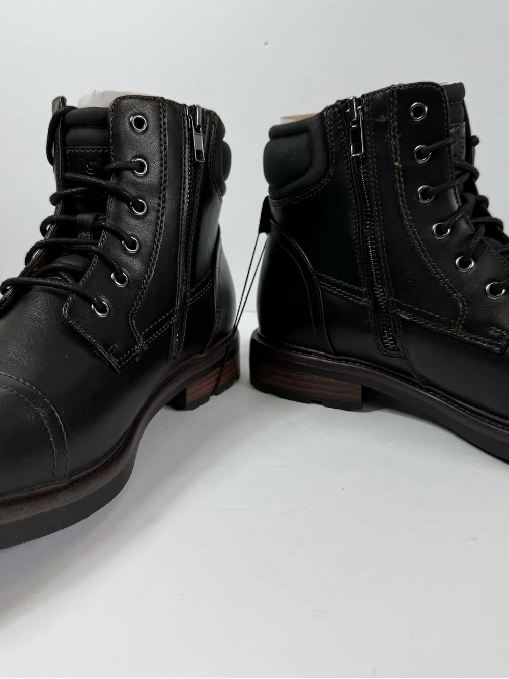 Men's Black Lace Up Moto Combat Boots 10.5 Cap Toe Side Zip Rugged Casual